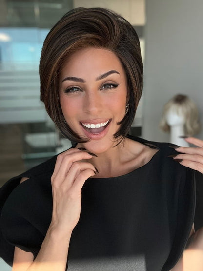 ROXIE wearing IGNITE by JON RENAU in 1BRH30 DARK CHOCOLATE CHERRY GANACHE | Soft Black with 33% Gold-Red Highlights