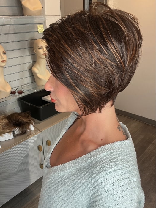 Madeline wearing IGNITE by JON RENAU in FS4/33/30A MIDNIGHT COCOA | Dark Brown, Medium Red, Medium Natural Red Blonde/Brown Blend with Medium Natural Red Blonde/Brown Blend Bold Highlights
