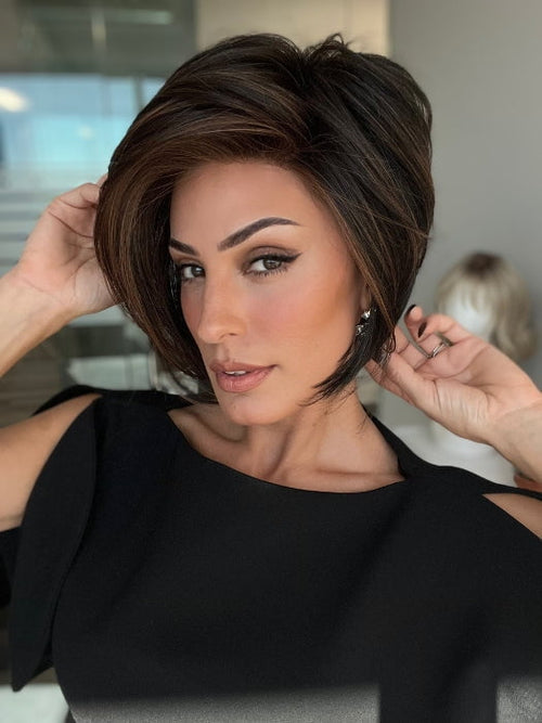 ROXIE wearing IGNITE by JON RENAU in 1BRH30 DARK CHOCOLATE CHERRY GANACHE | Soft Black with 33% Gold-Red Highlights