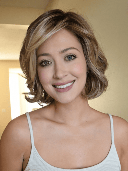 Steph @wigswithsteph wearing CROWD PLEASER by RAQUEL WELCH WIGS in color RL12/22SS SHADED CAPPUCCINO | Light Golden Brown Evenly Blended with Cool Platinum Blonde Highlights and Dark Roots