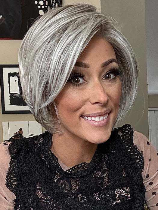Nichole Corbett @nicholealee wearing IGNITE by JON RENAU in color 56F51 OYSTER | Light Grey with 20% Medium Brown Front, graduating to Grey with 30% Medium Brown Nape