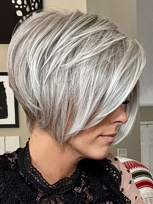 Nichole Corbett @nicholealee wearing IGNITE by JON RENAU in color 56F51 OYSTER | Light Grey with 20% Medium Brown Front, graduating to Grey with 30% Medium Brown Nape